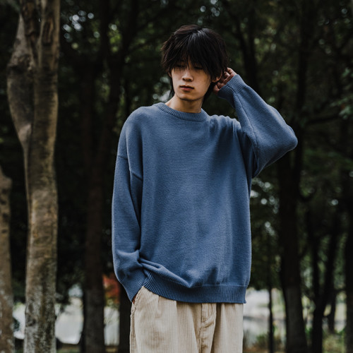 南鶴冬季男士日系圓領毛衣寬松休閒學生潮牌百搭加厚套頭針織衫