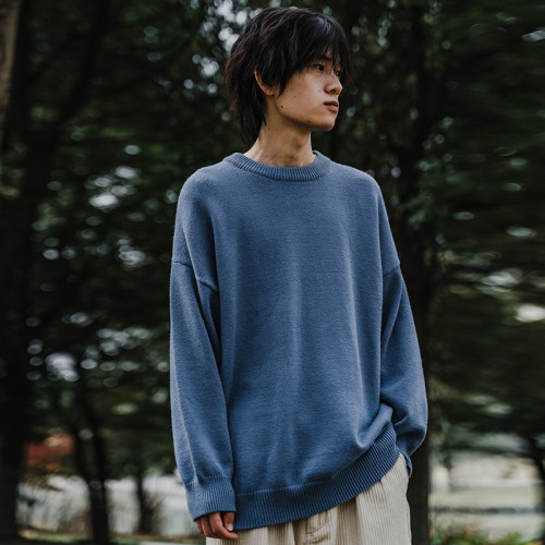南鶴冬季男士日系圓領毛衣寬松休閒學生潮牌百搭加厚套頭針織衫