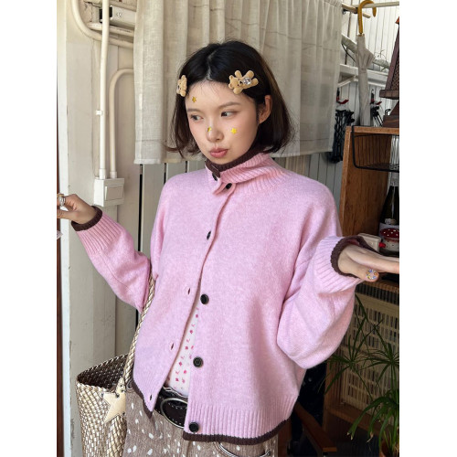 慵懶風軟糯高領毛衣外套女春秋加厚親膚粉色針織開衫寬松上衣長袖