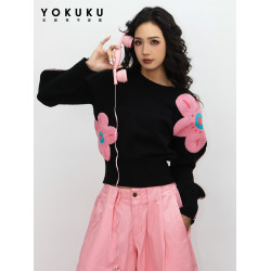 喲酷酷（花好月圓）秋冬時尚大圓領上衣女顯瘦波浪袖針織毛衣女