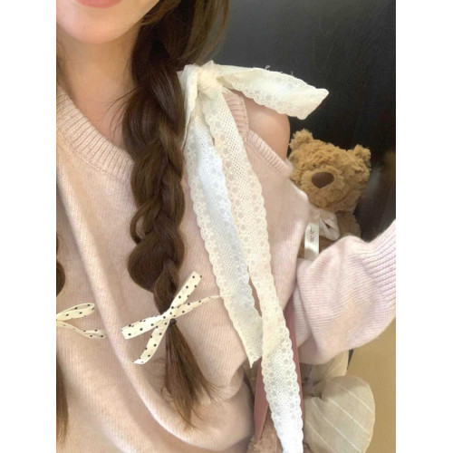 設計感小衆粉色慵懶風露肩毛衣女秋甜美蝴蝶結軟糯圓領針織衫上衣