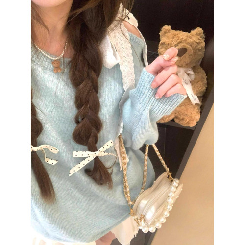 設計感小衆粉色慵懶風露肩毛衣女秋甜美蝴蝶結軟糯圓領針織衫上衣