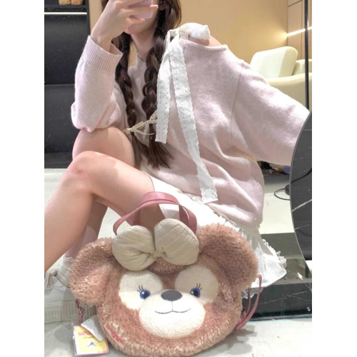 設計感小衆粉色慵懶風露肩毛衣女秋甜美蝴蝶結軟糯圓領針織衫上衣