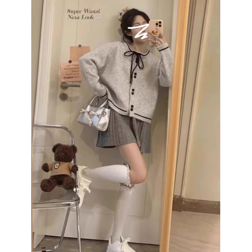 miu系溫柔蝴蝶結針織開衫女韓版簡約百搭圓領毛衣外套軟糯針織衫