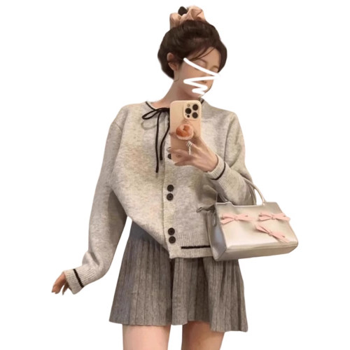 miu系溫柔蝴蝶結針織開衫女韓版簡約百搭圓領毛衣外套軟糯針織衫