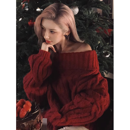 韓系氛圍感紅色一字肩麻花毛衣女秋冬季加厚慵懶風露肩針織衫上衣