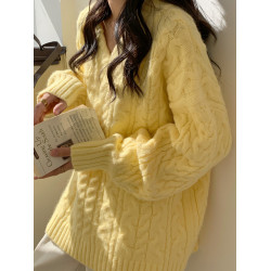黃色奶系V領麻花毛衣女加厚秋冬新款韓版寬松慵懶中長款軟糯上衣