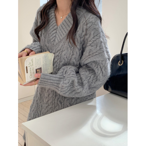 黃色奶系V領麻花毛衣女加厚秋冬新款韓版寬松慵懶中長款軟糯上衣