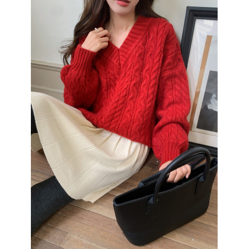 黃色奶系V領麻花毛衣女加厚秋冬新款韓版寬松慵懶中長款軟糯上衣