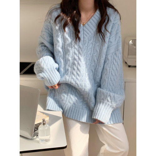 黃色奶系V領麻花毛衣女加厚秋冬新款韓版寬松慵懶中長款軟糯上衣