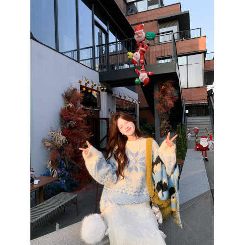 韓系博主藍色毛衣費爾島冬季聖誕提花針織外套ins設計感復古上衣