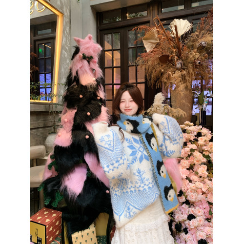 韓系博主藍色毛衣費爾島冬季聖誕提花針織外套ins設計感復古上衣