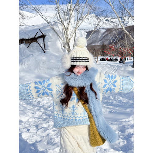 韓系博主藍色毛衣費爾島冬季聖誕提花針織外套ins設計感復古上衣