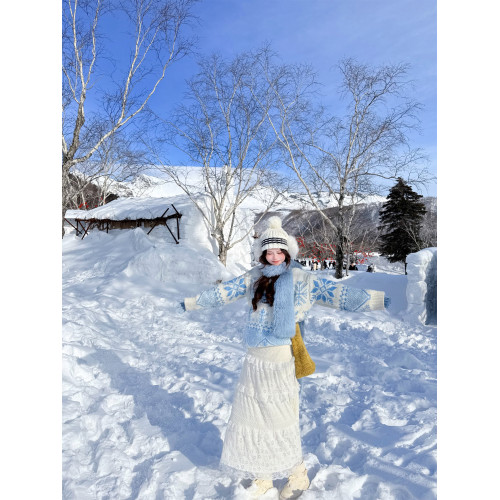 韓系博主藍色毛衣費爾島冬季聖誕提花針織外套ins設計感復古上衣