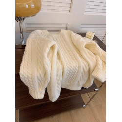 韓系高級感軟糯白色麻花毛衣女秋冬加厚寬松慵懶風奶呼呼套頭上衣