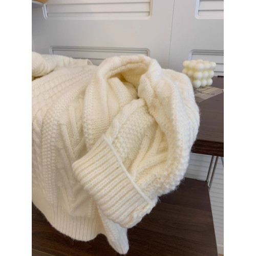 韓系高級感軟糯白色麻花毛衣女秋冬加厚寬松慵懶風奶呼呼套頭上衣