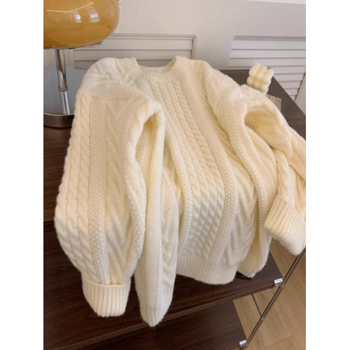 韓系高級感軟糯白色麻花毛衣女秋冬加厚寬松慵懶風奶呼呼套頭上衣