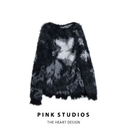 蝴蝶提花撞色仿貂毛毛衣女秋冬復古慵懶風寬松套頭軟糯露肩針織衫