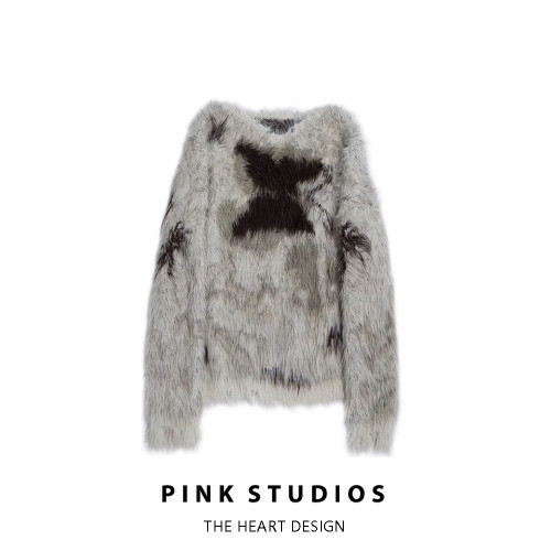 蝴蝶提花撞色仿貂毛毛衣女秋冬復古慵懶風寬松套頭軟糯露肩針織衫 蝴蝶提花撞色仿貂毛毛衣女秋冬復古慵懶風寬松套頭軟糯露肩針織衫