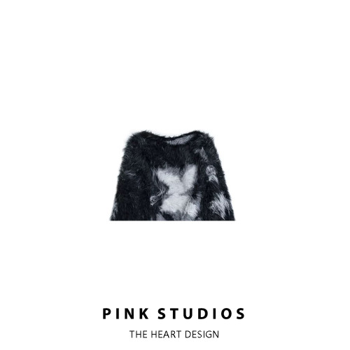 蝴蝶提花撞色仿貂毛毛衣女秋冬復古慵懶風寬松套頭軟糯露肩針織衫 蝴蝶提花撞色仿貂毛毛衣女秋冬復古慵懶風寬松套頭軟糯露肩針織衫