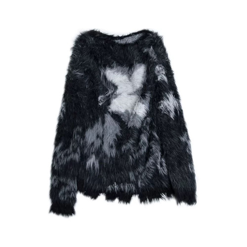 蝴蝶提花撞色仿貂毛毛衣女秋冬復古慵懶風寬松套頭軟糯露肩針織衫 蝴蝶提花撞色仿貂毛毛衣女秋冬復古慵懶風寬松套頭軟糯露肩針織衫