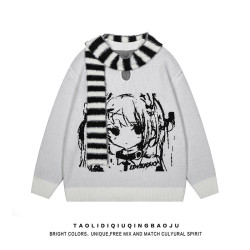 日系復古動漫女孩提花套頭毛衣女冬季新款慵懶風寬松休閒針織上衣