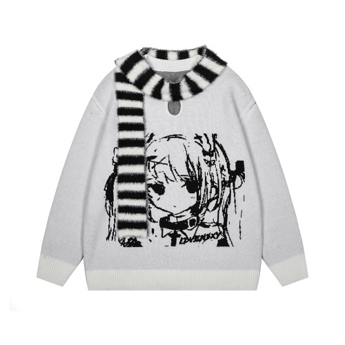 日系復古動漫女孩提花套頭毛衣女冬季新款慵懶風寬松休閒針織上衣