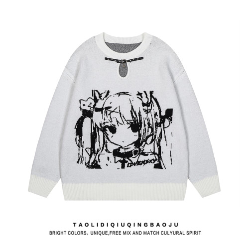 日系復古動漫女孩提花套頭毛衣女冬季新款慵懶風寬松休閒針織上衣