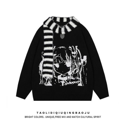 日系復古動漫女孩提花套頭毛衣女冬季新款慵懶風寬松休閒針織上衣