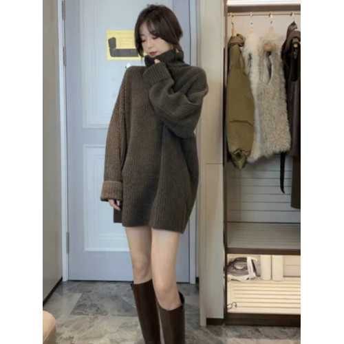 2025年中長款高領毛衣女遮屁股秋冬季堆堆領寬松慵懶風加厚打底衫