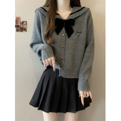 法式蝴蝶結海軍領針織衫毛衣大碼女裝2025秋裝新款胖mm學院風上衣