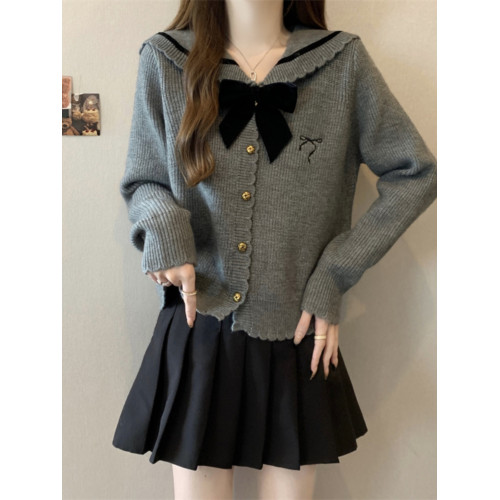 法式蝴蝶結海軍領針織衫毛衣大碼女裝2025秋裝新款胖mm學院風上衣