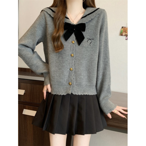 法式蝴蝶結海軍領針織衫毛衣大碼女裝2025秋裝新款胖mm學院風上衣