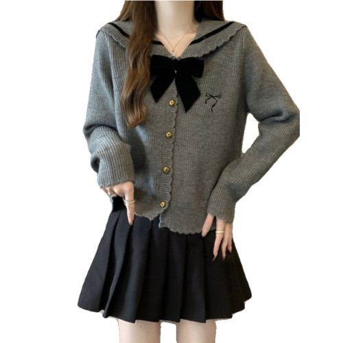 法式蝴蝶結海軍領針織衫毛衣大碼女裝2025秋裝新款胖mm學院風上衣