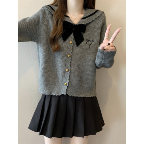 法式蝴蝶結海軍領針織衫毛衣大碼女裝2025秋裝新款胖mm學院風上衣