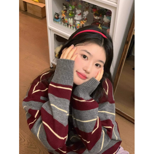 oversize復古撞色紅色條紋毛衣女慵懶冬季新款韓版寬松打底針織衫