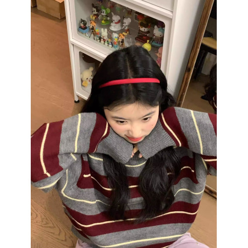 oversize復古撞色紅色條紋毛衣女慵懶冬季新款韓版寬松打底針織衫