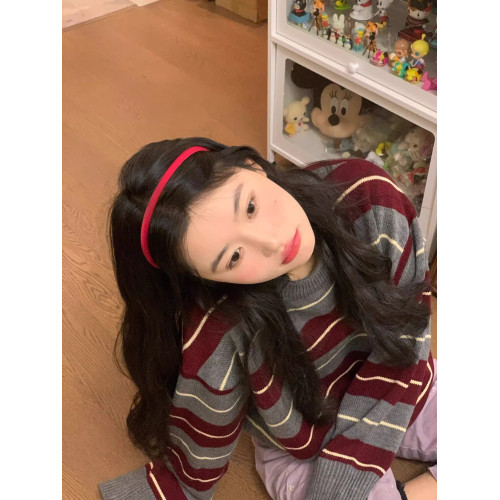 oversize復古撞色紅色條紋毛衣女慵懶冬季新款韓版寬松打底針織衫