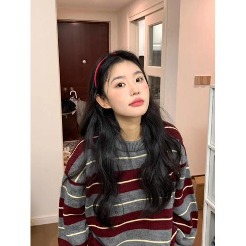 oversize復古撞色紅色條紋毛衣女慵懶冬季新款韓版寬松打底針織衫
