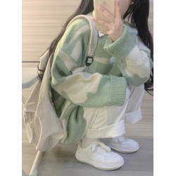 日系復古撞色毛衣女秋冬寬松加厚慵懶風bf軟糯溫柔內搭打底針織衫