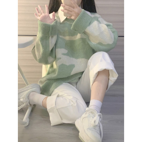 日系復古撞色毛衣女秋冬寬松加厚慵懶風bf軟糯溫柔內搭打底針織衫