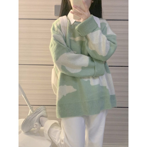 日系復古撞色毛衣女秋冬寬松加厚慵懶風bf軟糯溫柔內搭打底針織衫