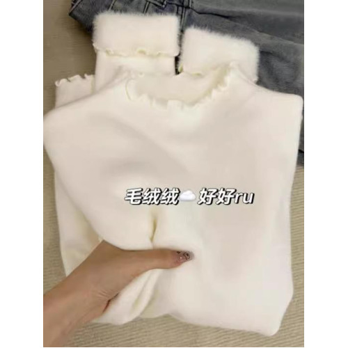 花邊半高領冬季加絨內搭毛衣女修身軟糯白色打底衫一體絨上衣秋冬