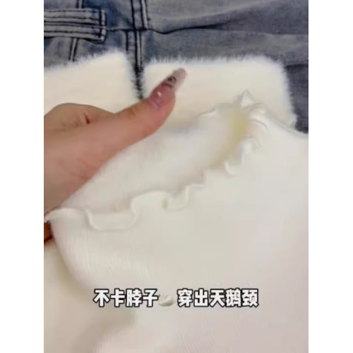 花邊半高領冬季加絨內搭毛衣女修身軟糯白色打底衫一體絨上衣秋冬