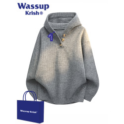 WASSUP KRISH復古亨利領連帽毛衣男秋季寬松慵懶風休閒針織衫外套