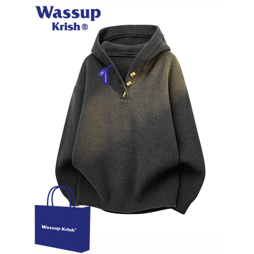 WASSUP KRISH復古亨利領連帽毛衣男秋季寬松慵懶風休閒針織衫外套