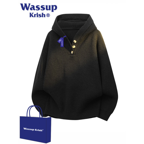 WASSUP KRISH復古亨利領連帽毛衣男秋季寬松慵懶風休閒針織衫外套