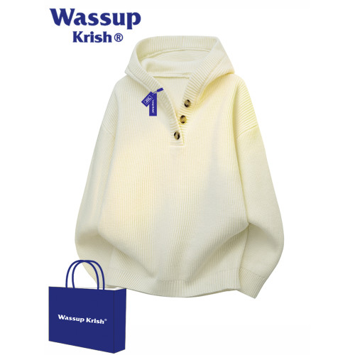 WASSUP KRISH復古亨利領連帽毛衣男秋季寬松慵懶風休閒針織衫外套