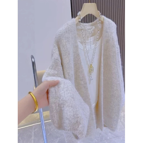 韓系高級感燈籠袖針織開衫女秋冬季寬松慵懶風中長款加厚毛衣外套