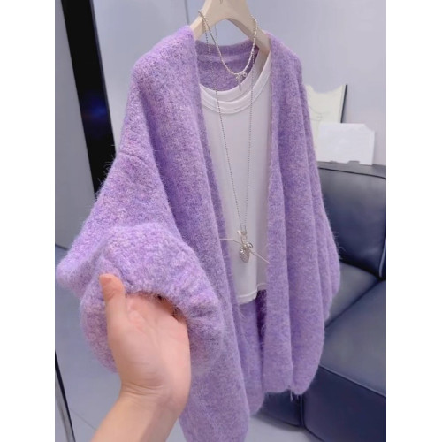 韓系高級感燈籠袖針織開衫女秋冬季寬松慵懶風中長款加厚毛衣外套